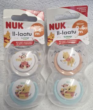 II-LAATU PAKKAUS! NUK Nalle Puh Silikoni Huvitutit 0-6kk BOXI!